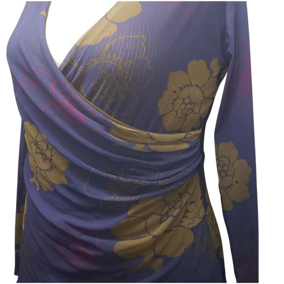 Lucy & Fiona XL Mesh Floral Blouse – Ruched Surplus V-Neck, Stretch Nylon - Picture 2 of 9